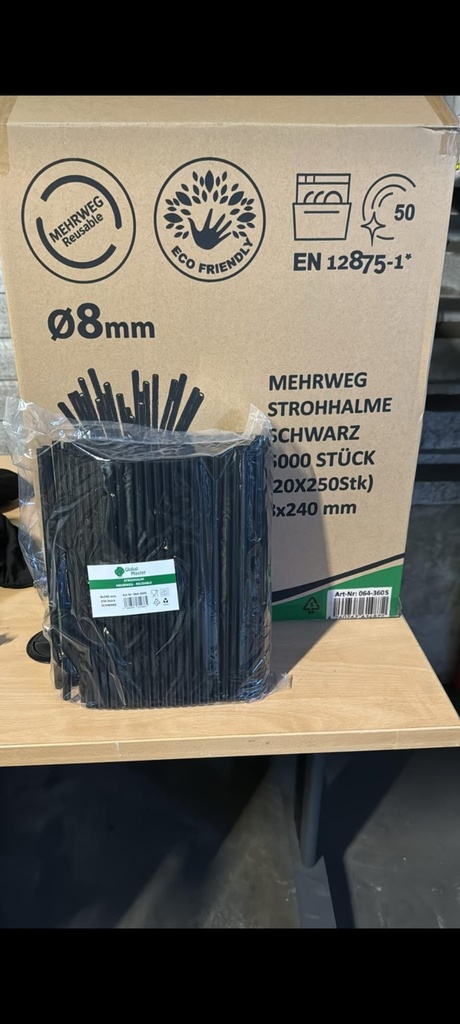 Pailles réutilisables 8 x 240mm, noir (droites) - 250 pcs.
