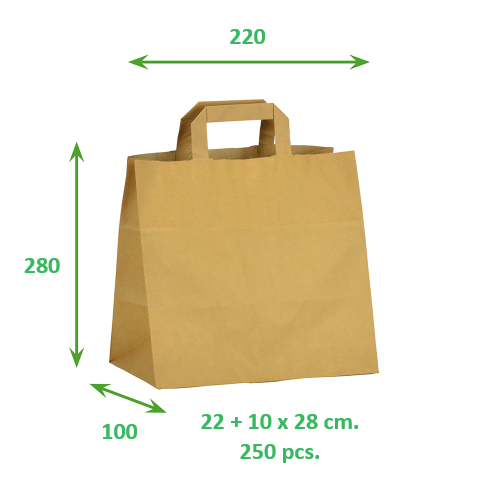 [221028] Draagtassen kraft papieren 22+10 x 28 cm. 250 stk.