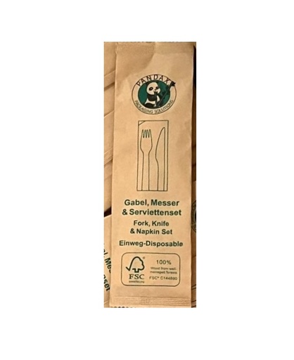 Set de couverts Bois 160mm Couteau Fourchette Cuillère et Serviette 500 pcs.